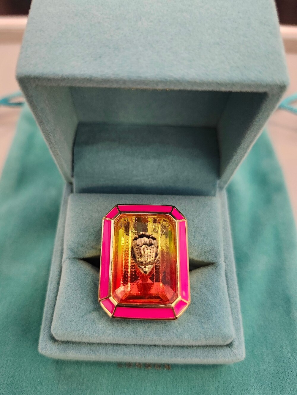 NWT Kurt Geiger Stone Enamel Pink/Orange Eagle Head Ring Size 7